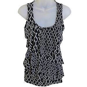 White‎ House Black Market Womens Geometric Print Tank XS Tiered Ruffles Stretch